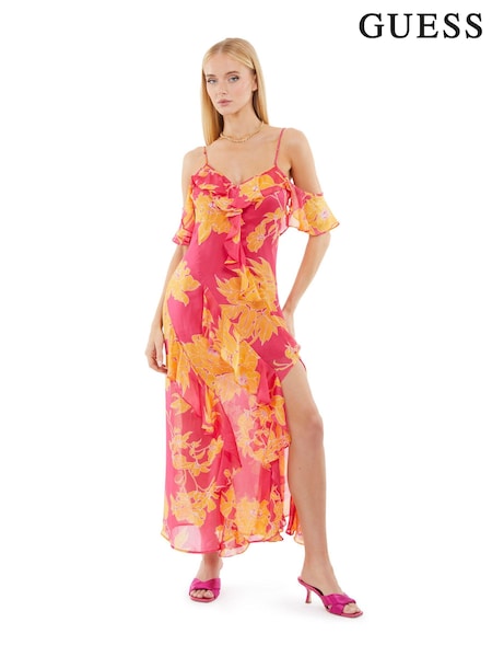 Guess Pink And Orange Floral Print Maxi Dress (B28750) | €107