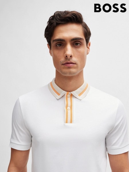 BOSS White Slim Fit Contrast Collar 100% Cotton Polo Shirt (B28756) | €52