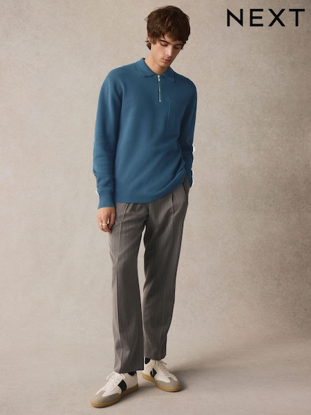 Slate Blue Regular Fit Cotton Rich Knit Long Sleeve Polo Shirt (B28783) | €19