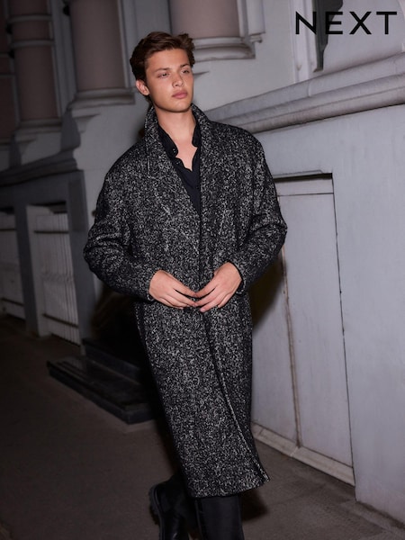 Black EDIT Wool Rich Herringbone Epsom Overcoat (B28804) | AED306