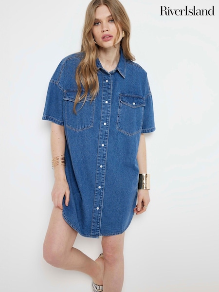 River Island Blue Denim Button Front Mini 100% Cotton Dress (B28811) | €27