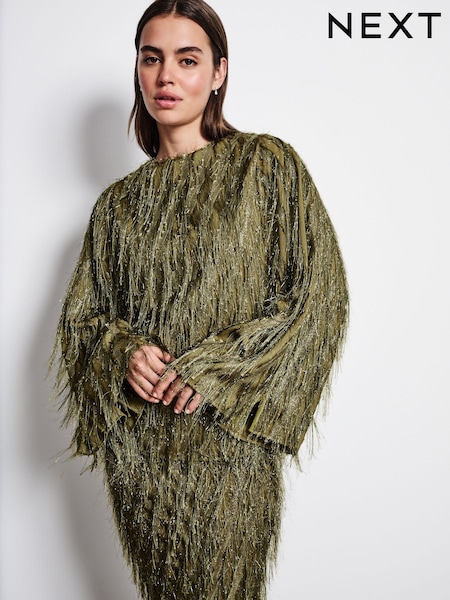 Green Sparkle Fringe Long Sleeve Tie Back Blouse (B28820) | 204 QAR