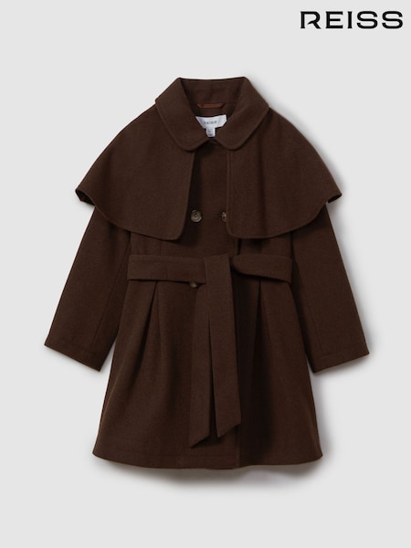 Reiss Chocolate Karlie 13-14 yrs Double Breasted Cape Coat with Wool (B28911) | AED979
