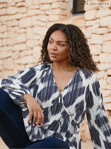 Live Unlimited Blue Curve Geo Print Tie Neck Blouse (B28913) | €44
