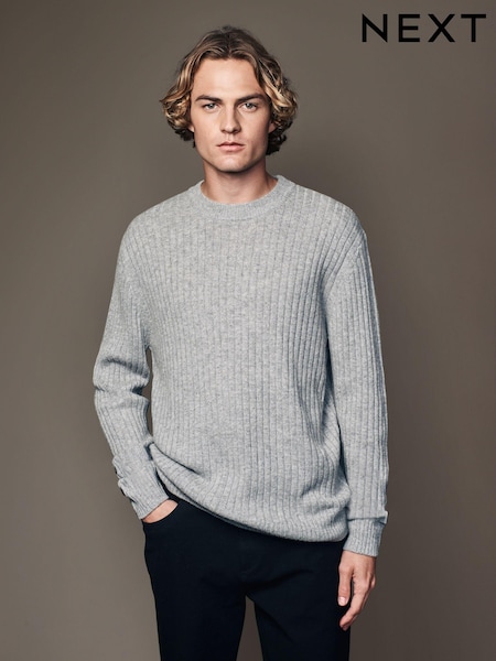 Light Grey Crew Neck Regular Fit Premium Lambswool Blend Rib Texture Jumper (B28951) | €19