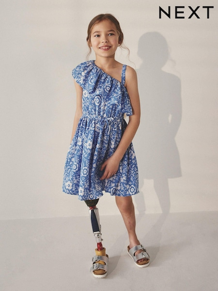 Blue Floral One Shoulder Dress (3-16yrs) (B28973) | AED14 - AED19