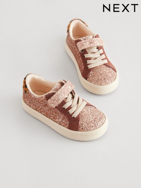 Rose Gold Glitter Wide Fit (G) Elastic Lace Trainers (B29061) | AED67 - AED74