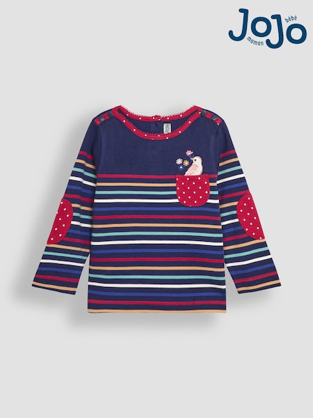 JoJo Maman Bébé Navy Blue Bird Cotton Long Sleeve Pocket Breton Top (B29102) | €8.50