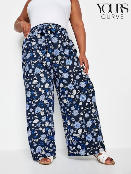Yours Curve Blue Floral Print Shirred Wide Leg Trousers (B29193) | €42