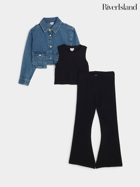 River Island Girls Denim 100% Cotton Crop Boxy Shirt and Flare Set 3 Piece (B29244) | 146 LEI