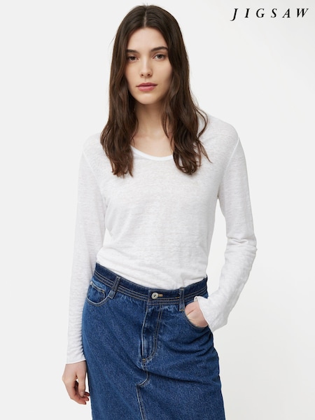 Jigsaw White Jigsaw Linen Eden Long Sleeve T-Shirt (B29254) | €43.50