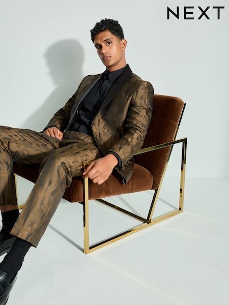 Black Slim Fit Gold Jacquard Tuxedo Suit Jacket (B29280) | 208 QAR