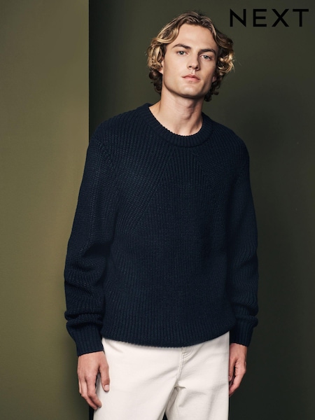 Navy Crew Neck Regular Fit Rib Texture Jumper with Wool (B29293) | €14