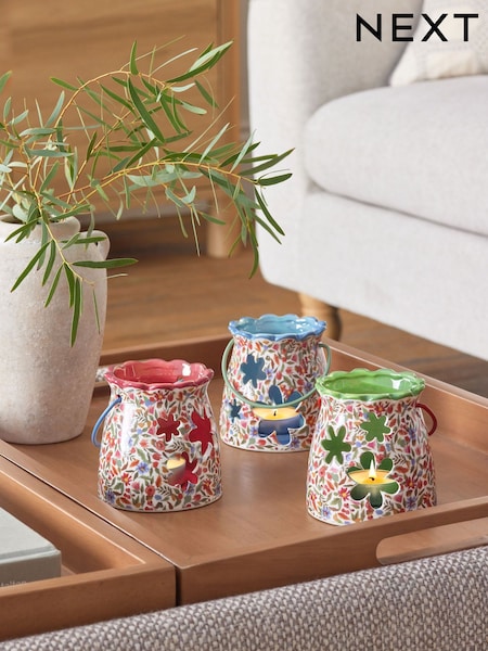 Set of 3 Pink Ceramic Floral Tea Light Holders (B29362) | €22