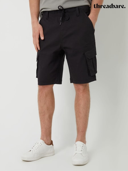 Negru - Pantaloni scurți cargo texturizat Threadbare Dobby, cu elastic (B29367) | 100 LEI