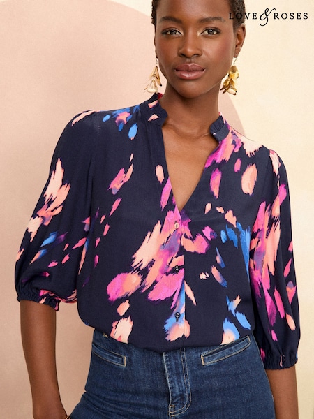 Bleumarin albastru - <span translate="no">Love & Roses</span> Volănașe V Decol 3/4 Sleeve Cu nasturi Bluse (B29450) | 150 LEI