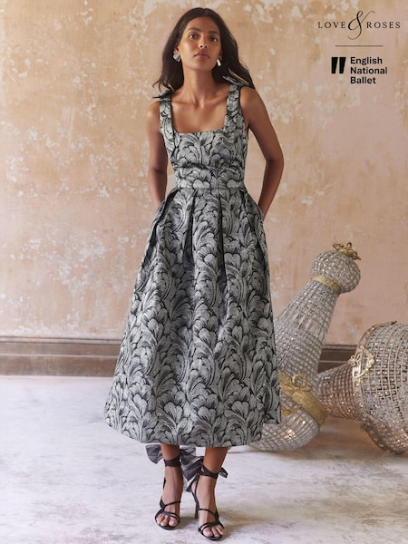 Love & Roses Feather Jacquard Structured Midi Dress (B29453) | 371 LEI
