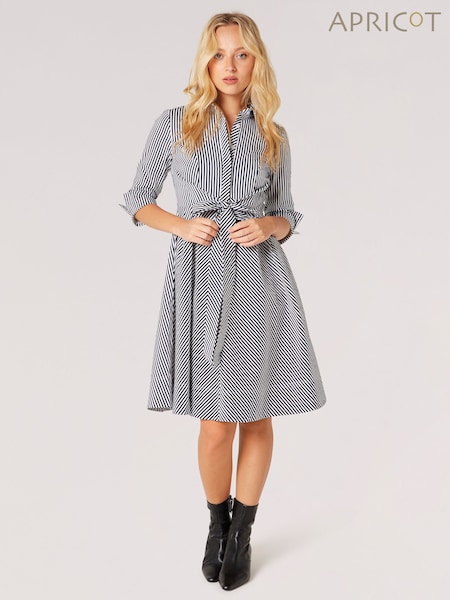 Apricot Blue Tie Front Stripe Cotton Shirt Dress (B29461) | €60
