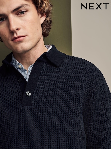 Black Relaxed Fit Chenille Texture Polo Shirt (B29479) | €32