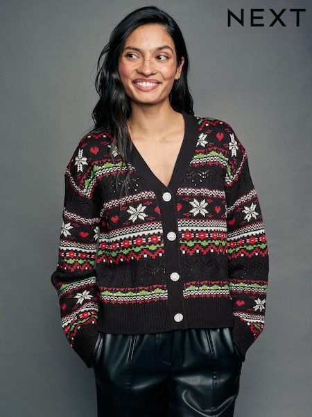 Black Christmas Patterned Button Up Knitted Cardigan (B29571) | 107 QAR