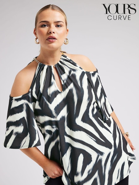 Yours Curve Black YOURS LONDON Floral Print Chain Cold Shoulder Top (B29591) | 193 QAR