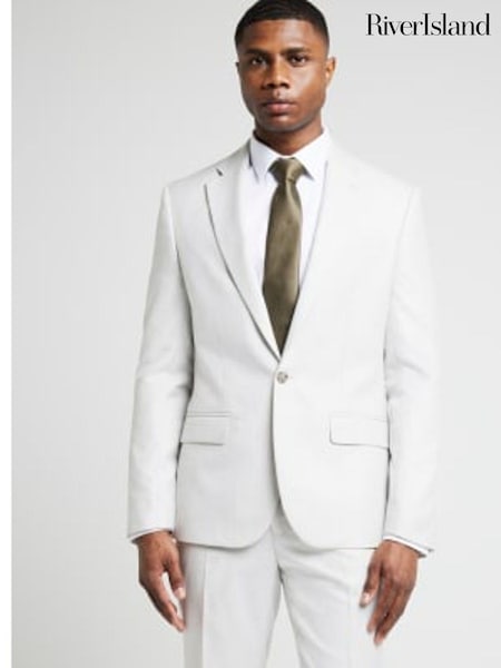 River Island Cream Ecru Dobbie Slim Fit Texture Suit Jacket (B29595) | AED553