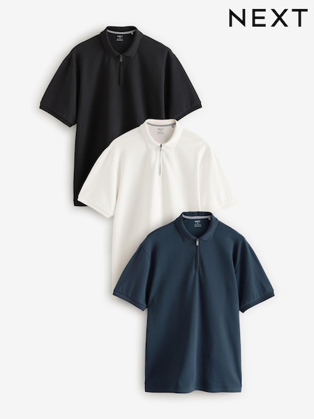 Black/White/Navy Short Sleeve Textured Quarter Zip Polo Shirt 3 Pack (B29649) | €68