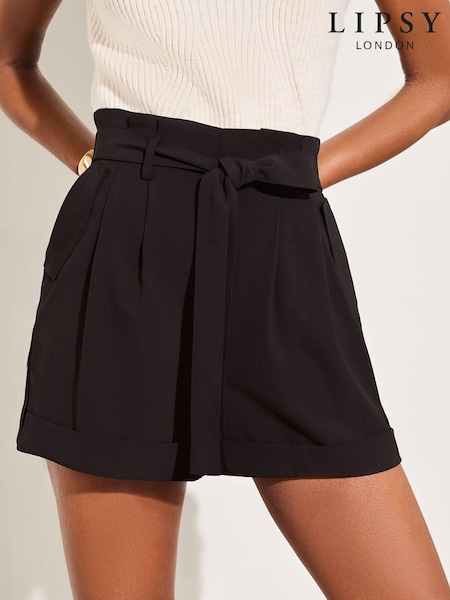 Lipsy Black High Waisted Paperbag Belted Shortss (B29665) | AED107