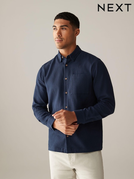 أزرق داكن أزرق - 100% Cotton Textured Waffle Long Sleeve Shirt (B29698) | ‏91 د.إ.‏