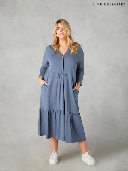 Live Unlimited Blue Curve Cotton Slub Button Front Midi Dress (B29786) | €35