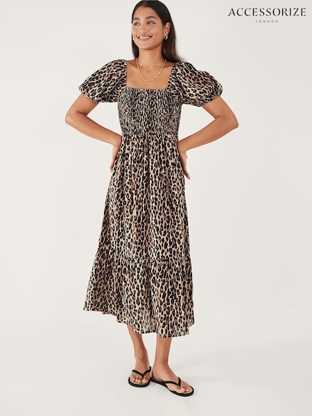 Accessorize 100% Cotton Leopard Print Shirred Puff Sleeve Dress (B29822) | €79