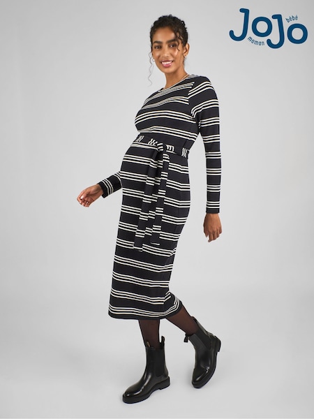 JoJo Maman Bébé Black Cream Stripe Maternity Stripe Ribbed Dress (B29954) | kr543