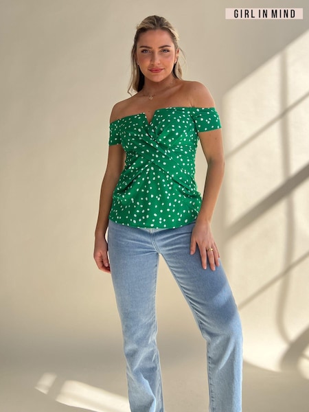 Girl In Mind Green Polka Dot Monica Off The Shoulder Top (B29977) | €13