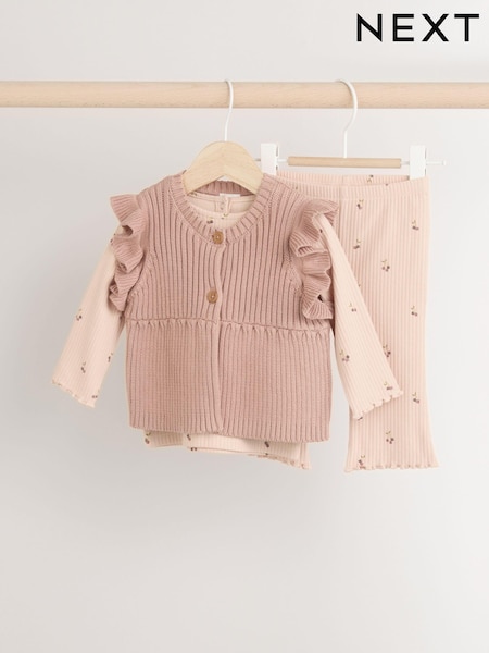 Rust Brown/ Beige Ditsy Print Baby 100% Cotton Long Sleeve Top Knitted Waistcoat and Leggings Set 3 Piece (0mths-2yrs) (B29982) | AED63 - AED71