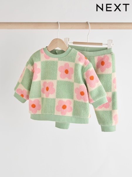 Green/Pink Checkerboard Flowers Cosy Fleece Baby Jumper & Joggers Set (B30031) | AED49 - AED53