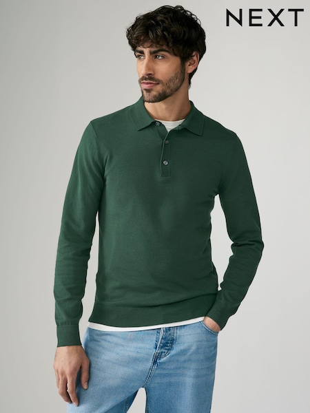 Green Dark Slim Fit Knitted Long Sleeve Polo Shirt (B30163) | 77 SAR