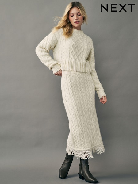 Camel Neutral Cable Knit Fringe Midi Skirt (B30245) | €32