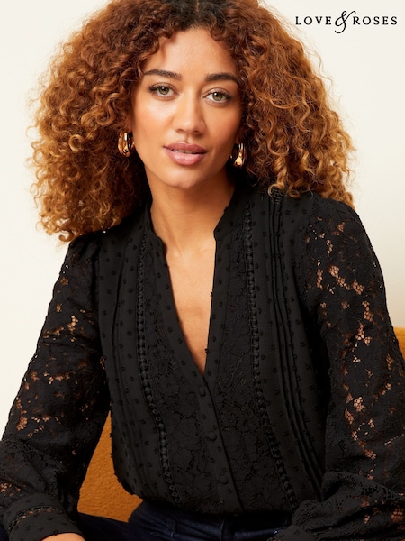 Love & Roses Lace Mix Button Through Long Sleeve Blouse (B30259) | 139 LEI
