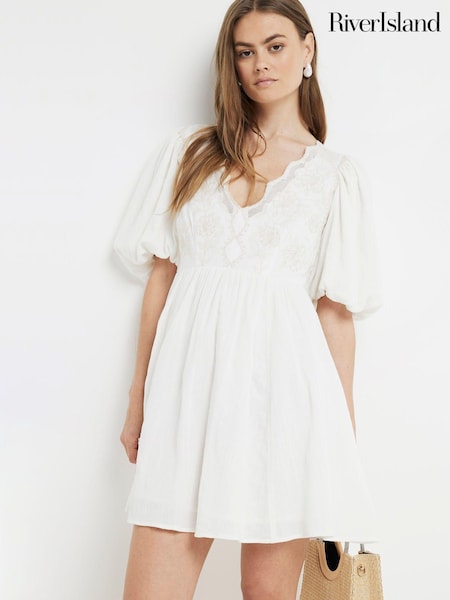 River Island Cream 100% Cotton Embroidered Smock Mini Dress (B30286) | €27