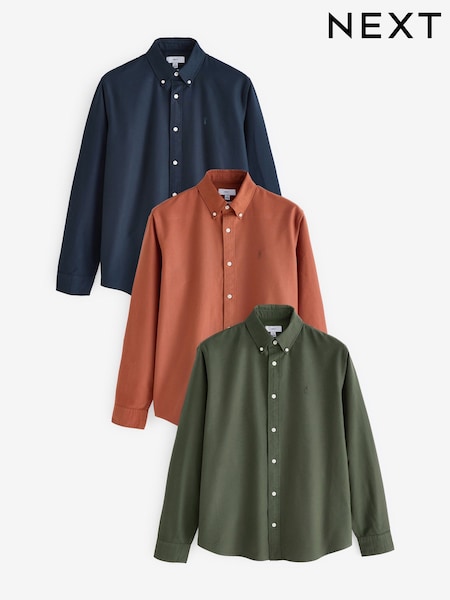 Dark Green/Tan Brown/Navy Blue 100% Cotton Long Sleeve Oxford Shirts 3 Pack (B30305) | AED220