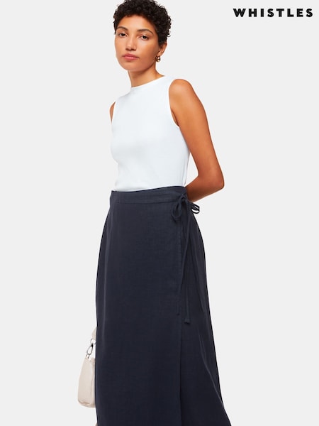 Whistles Blue Linen Wrap Midi Skirt (B30452) | €63