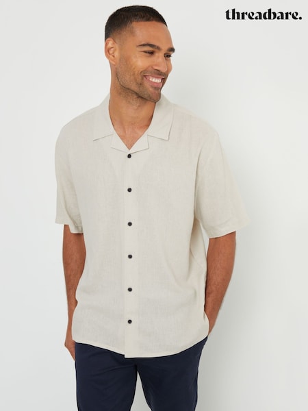 Threadbare Stone Linen Blend Revere Collar Short Sleeve Shirt (B30538) | €37