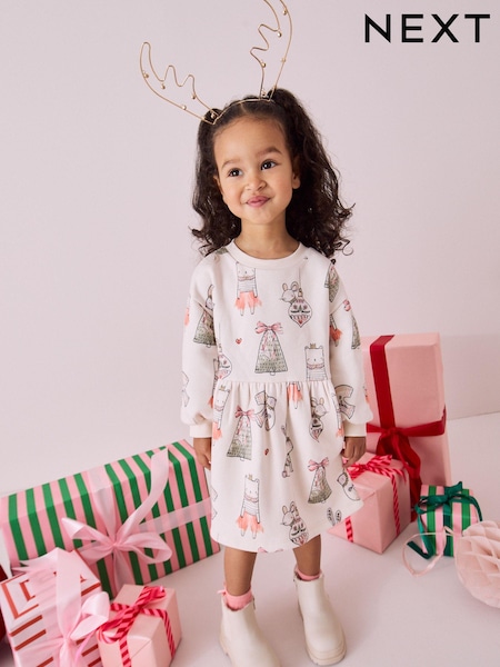 Cream Christmas Sweat Dress (3mths-7yrs) (B30576) | AED35 - AED42