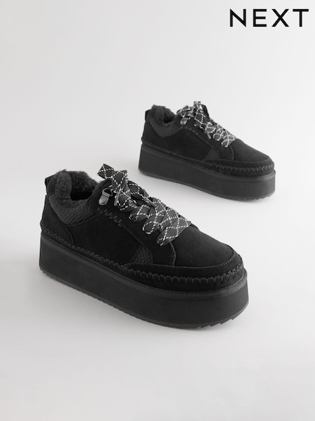 Black Forever Comfort® Chunky Leather Cosy Faux Fur Lined Suede Lace-Up Trainers (B30594) | €61