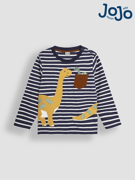 Marineblau Ecru Streifen Diplodocus - JoJo Maman Bébé Oberteil mit Tasche und Applikation (B30634) | 29 €