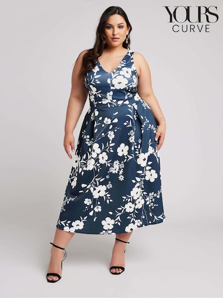 Yours Curve Blue London V-Neck Pleated Dress (B30655) | €82
