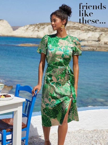 Friends Like These Green Floral Flutter Sleeve Printed Satin Midi Dress (B30673) | €37