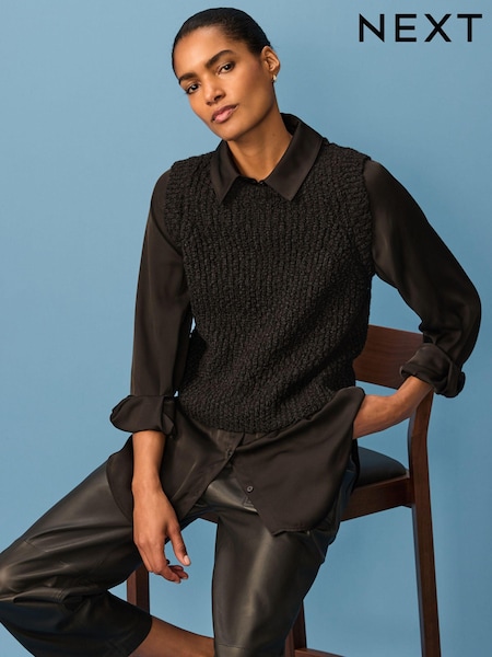 Black Sleeveless Satin Shirt Layer Knitted Vest Jumper (B30683) | AED132