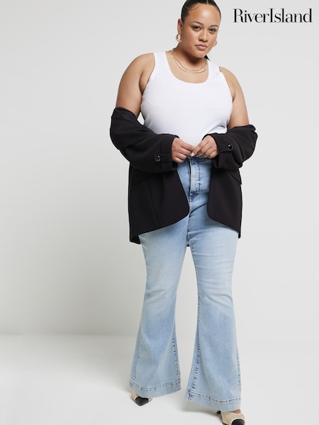River Island Blue Curve High Rise Tummy Hold Flare 100% Cotton Jeans (B30774) | $93