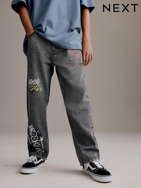 Grey Wide Fit 100% Cotton Graffiti Denim Jeans (3-16yrs) (B30829) | €26 - €34